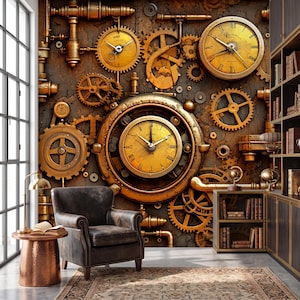 Könnte beinhalten: Ein Wandbild im Steampunk-Stil mit aufwendigen Zahnrädern, Uhren und Rohren in Gold- und Bronzetönen. Ein Ledersessel und ein kupferner Beistelltisch mit einem Buch befinden sich im Vordergrund und schaffen eine gemütliche Leseecke.