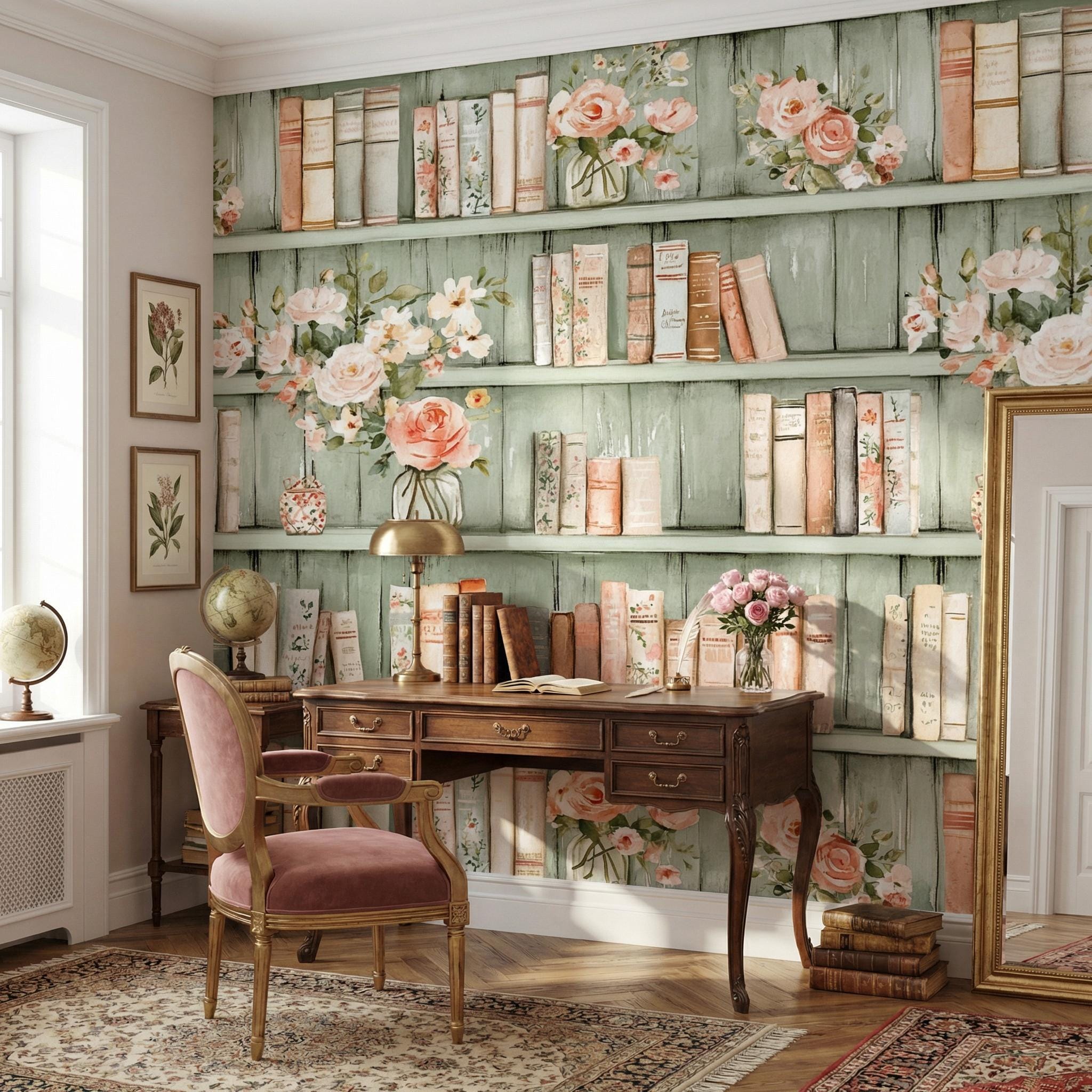 Sage Green Bookshelf Wallpaper, Vintage Floral Library Mural, Shabby ...