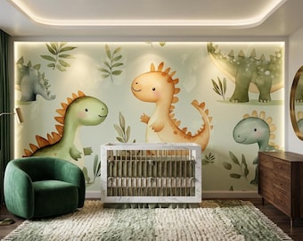 Dinosaur Nursery Wall Mural: Watercolor Animals - Peel and Stick Option