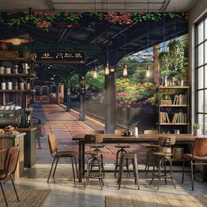 May include: A cafe interior featuring a mural of a train station scene. The cafe has wooden tables and chairs, a coffee machine, and shelves with mugs and books. The mural depicts a train platform with Japanese text and blooming flowers.