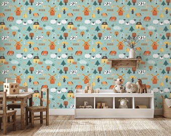 Nursery Wall Mural: Cute Farm Animals - Peel and Stick Wallpaper