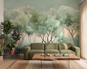 Sage Green Forest Wallpaper Peel and Stick | Vintage Misty Trees Wall Mural | Watercolor Woodland Nursery Wallpaper