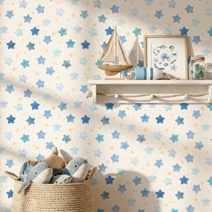 Papel tapiz de estrellas en acuarela | Mural celestial azul y dorado para habitación infantil | Decoración infantil con temática de estrellas brillantes | Impresión de estrellas brillantes autoadhesiva o sin pegamento