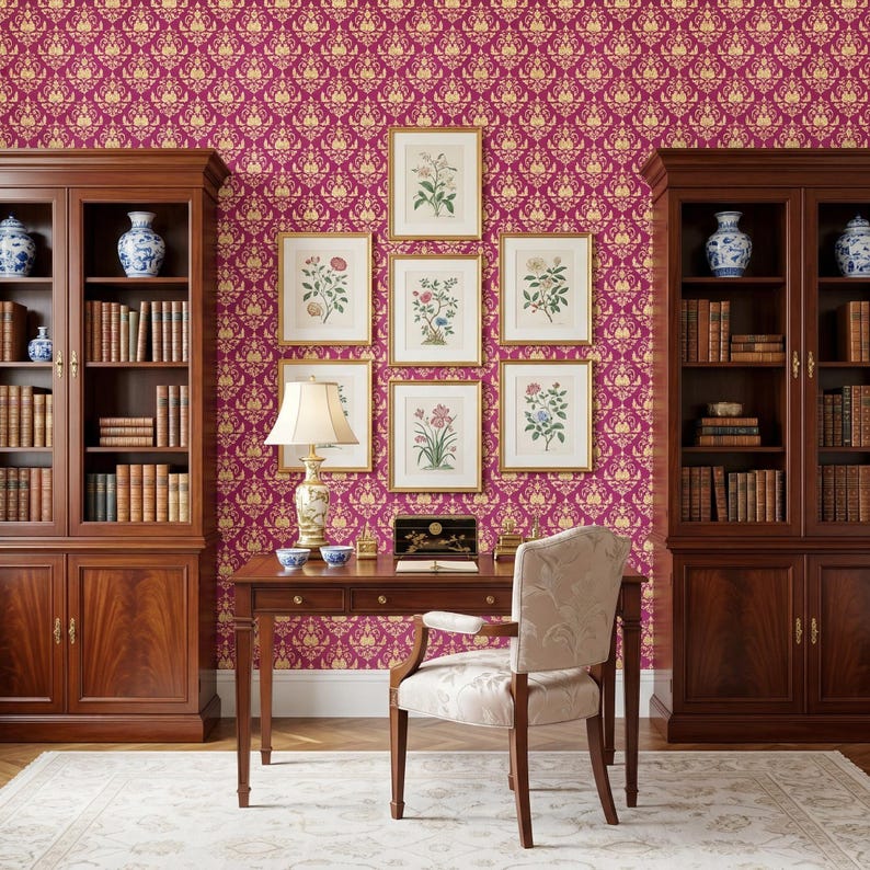 Magenta Damask Wallpaper: Ornate Gold Filigree Victorian Pattern ...
