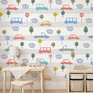 Kids Car Wallpaper Nursery Transportation Wall Mural, Road Map Playroom Wall Decor, Peel and Stick Scandi Vehicle Wallpaper