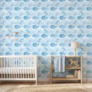 Whimsical Ocean Waves Wallpaper: Light Blue Coastal Nursery Mural