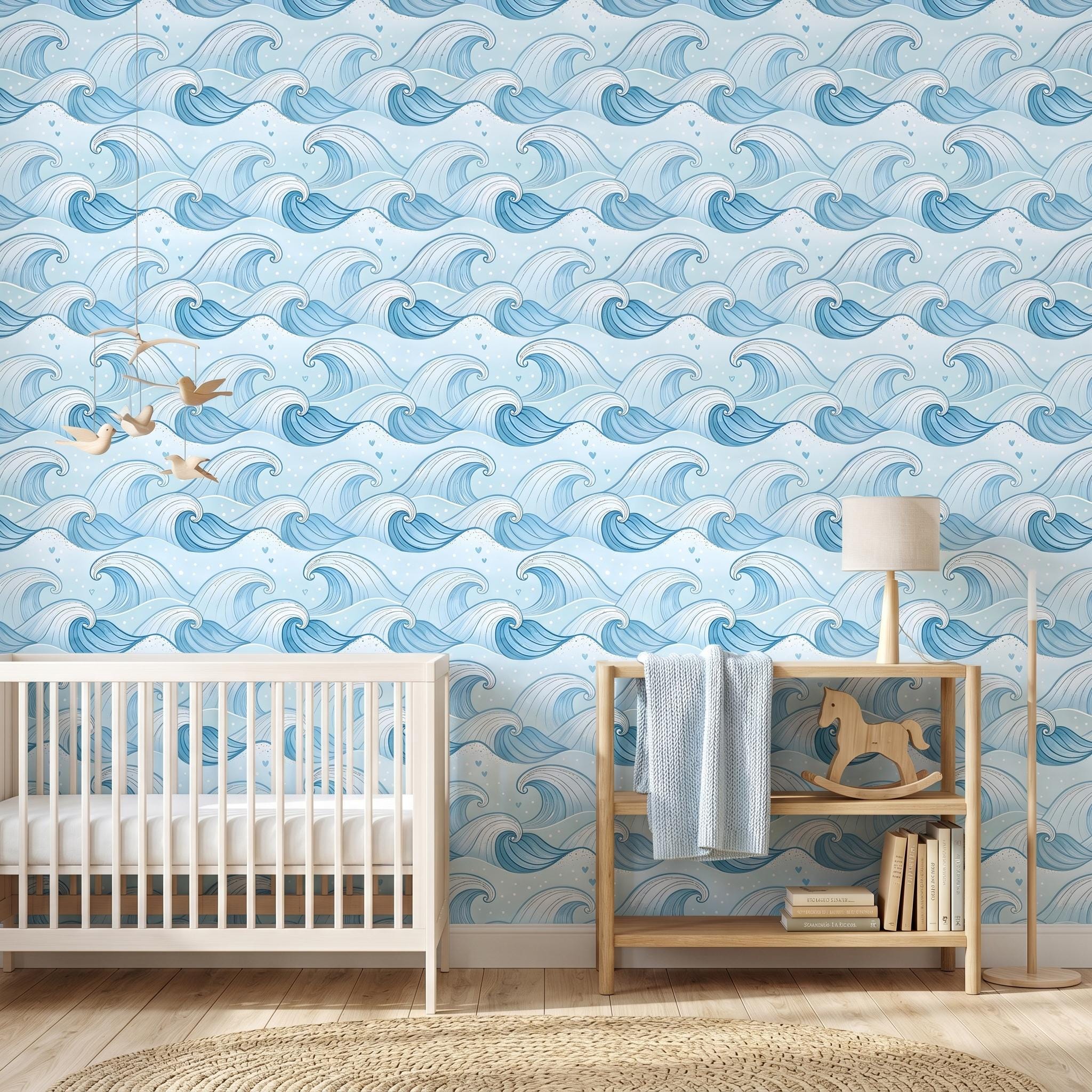 Whimsical Ocean Waves Wallpaper: Light Blue Coastal Nursery Mural - Etsy