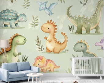 Papel pintado de dinosaurios con un toque original | Mural removible autoadhesivo | Decoración de pared estilo boho para habitación infantil | Estampado de dinosaurios en acuarela | Detalle para sala de juegos