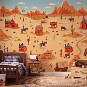 May include: A wall mural featuring a desert landscape with red mountains, cacti, and a western town. The scene includes small buildings, people on horseback, cattle, and a church. The color palette consists of warm oranges, browns, and blues.