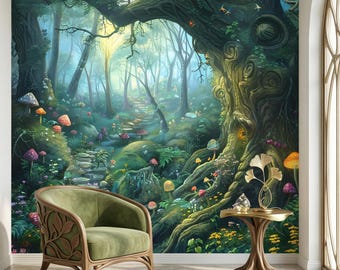 Mural de pared Bosque Encantado - Papel pintado de cuento de hadas con setas mágicas - Decoración de bosque caprichosa para la habitación de los niños, guardería y sala de juegos - Autoadhesivo