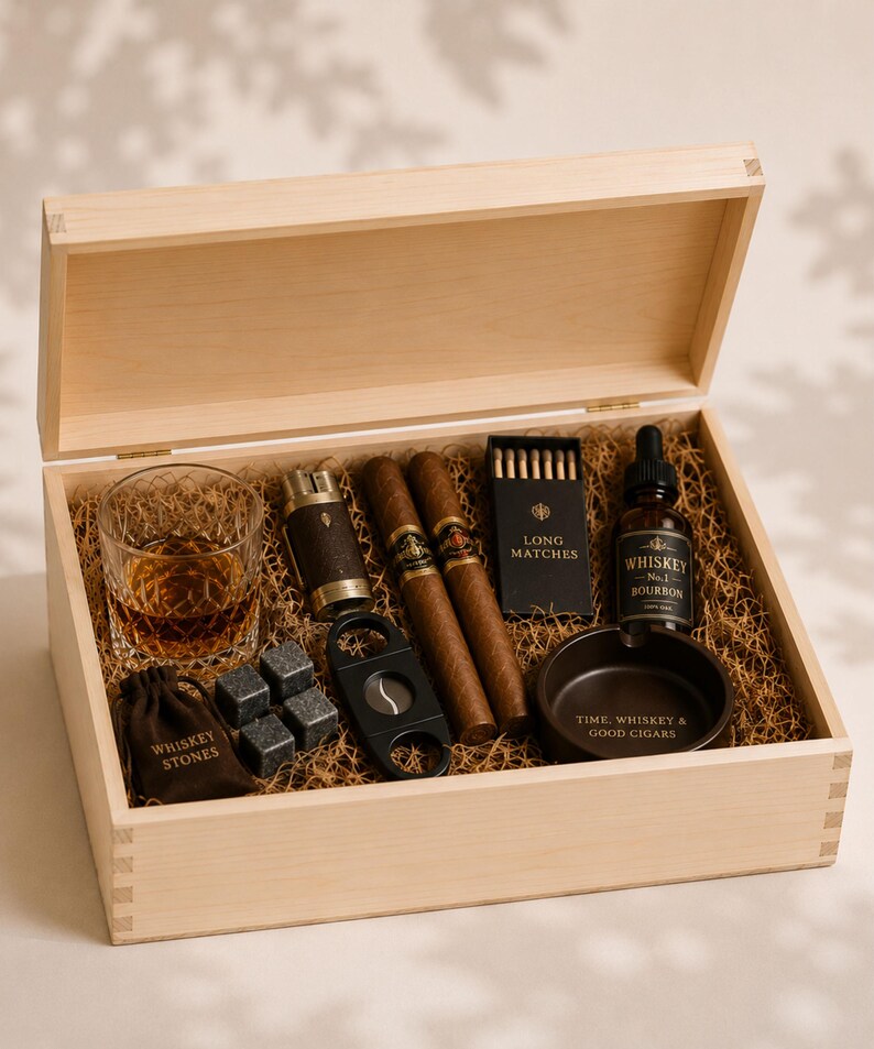 Peut inclure: Une bo&icirc;te en bois clair contenant un verre de liquide ambr&eacute;, un briquet en m&eacute;tal, deux cigares, une bo&icirc;te noire marqu&eacute;e LONG MATCHES, un flacon compte-gouttes marqu&eacute; WHISKEY No.1 BOURBON, un coupe-cigare noir, une pochette brune et un cendrier noir.