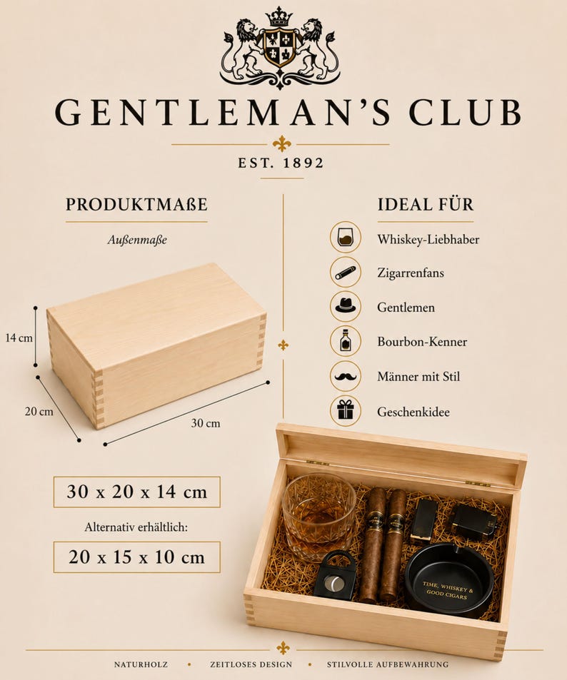 Zigarrenbox aus Holz | Geschenk für Männer | Holzbox für Zigarren & Whiskey Zubehör | Gentleman's Club | Aufbewahrungsbox mit Deckel image 5