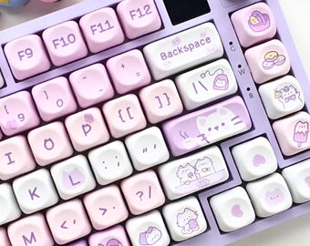 Katzen Kawaii Tastenkappen Set für Mädchen - Benutzerdefinierte Artisan PBT Tastenkappe für mechanische Tastatur Cherry MX - Ästhetische Pink Kitty Tastenkappen