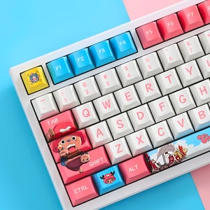 May include: White mechanical keyboard with custom keycaps. The keycaps are a mix of blue, pink, and white, featuring cartoon character designs. The keyboard has a standard layout with function keys and a number pad.