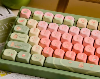 Cute Capybara Keycaps Set – Watermelon Kawaii Custom Artisan PBT Keycaps for Mechanical Keyboard Cherry MX – Aesthetic Pink Green Keycaps