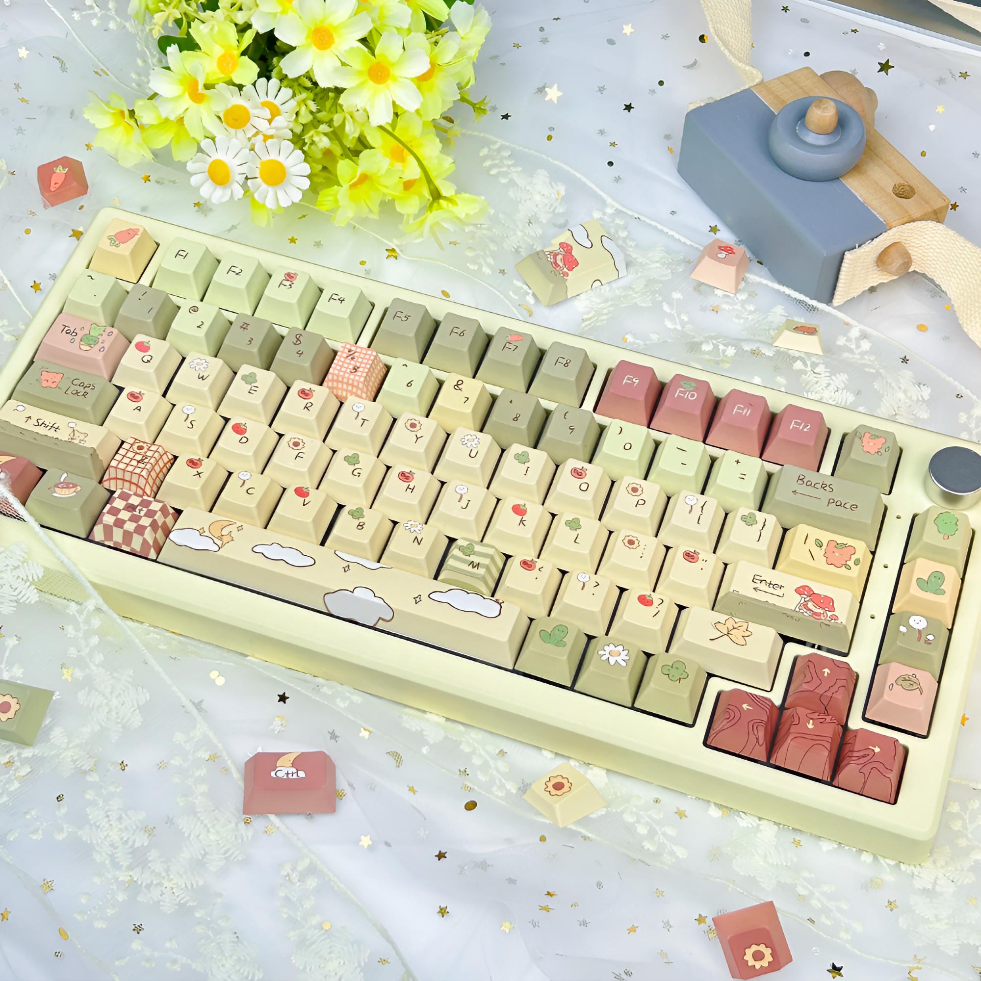 Cute Khaki Keycaps Set – Green Kawaii Custom Artisan PBT Keycaps for ...