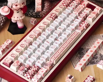 Cute Red Keycaps Set – Kawaii Custom Artisan PBT Keycaps for Mechanical Keyboard Cherry MX