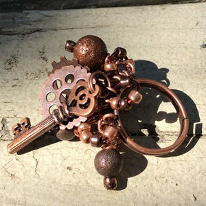 Charm Ring, Glass and Metal Beads, Key and Gears, Wire Wrapped, Copper Plated Brass, Adjustable, Steam Punk