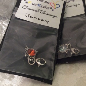 May include: A close-up of a stack of small plastic bags containing silver charm bracelets with colorful crystals. The bags are labeled "Diverse urKids Charm Blessings January".