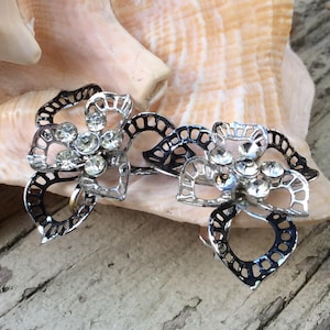 SilverTone, Blackened, Rhinestones, Floral Filigree, Vintage, Costume Jewelry, Screw Back Earrings, Wear, RePurpose, UpCycle