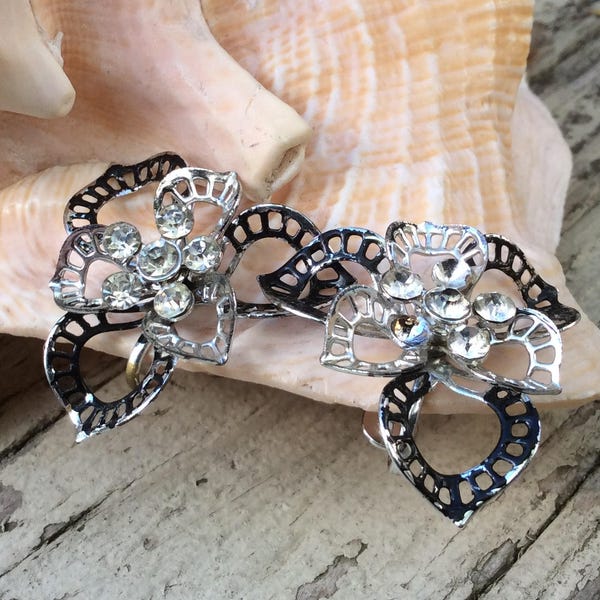 SilverTone, Blackened, Rhinestones, Floral Filigree, Vintage, Costume Jewelry, Screw Back Earrings, Wear, RePurpose, UpCycle