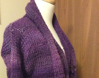 Roll Neck Sweater, Cardigan, Variegated Purple, Attached Scarf, Hand Knitted, Lion Brand, Tweed Stripes, Athena