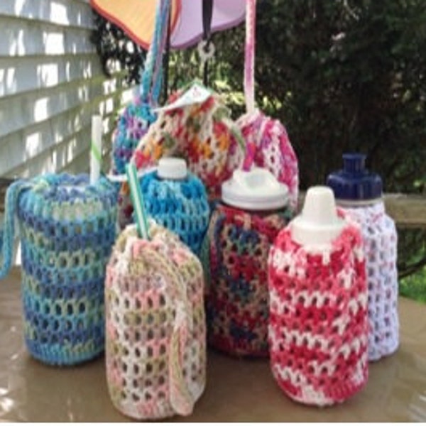 Drink Holder, Cozy Carrier, Mason Ball Jar, Baby Sport Water Bottle, Mesh Crochet, Worsted Weight, Cotton Yarn, Drawstring, Carry Handle