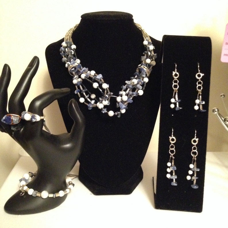 SODALITE Donut Focal Lobster Clasp Semi Precious Genuine Gemstone 23 Inch Wire Wrapped Silver Plated Copper Wire Navy Blue