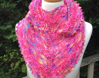 Pink Punch, Kerchief Shawl, Hand Knit, Easy Care Acrylic, Berenat Boa, Picot Edge, Fuchsia, Flamingo, Bright Primaries