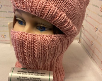 Balaclava, Cotton Wool Blend Yarn, PINKS, Hand Knitted, Face Cover, Easy Care, Ready to Ship