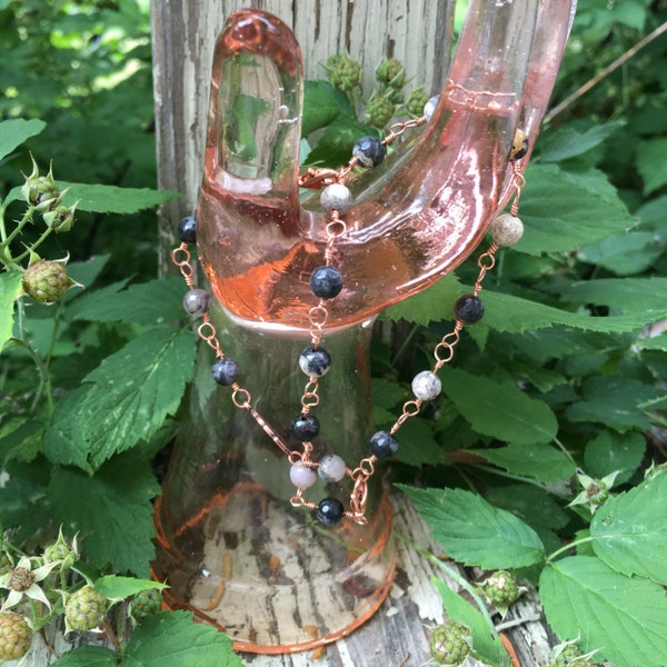 Silver Leaf Jasper, Onyx, Genuine Gemstone, Pure Copper, Wire Wapped, Beaded Chain, Bracelet, Anklet, Double Clasp