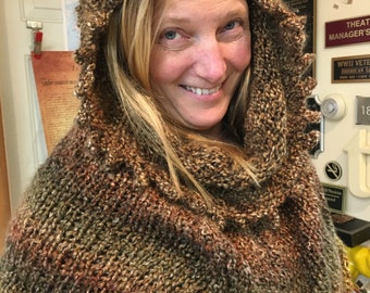Funnel Poncho, Cape and Cowl, Hand Knitted, One Size, Outlandish Originals, Boho Chic, Lion Brand Yarn, Homespun, Barley, Vineyard