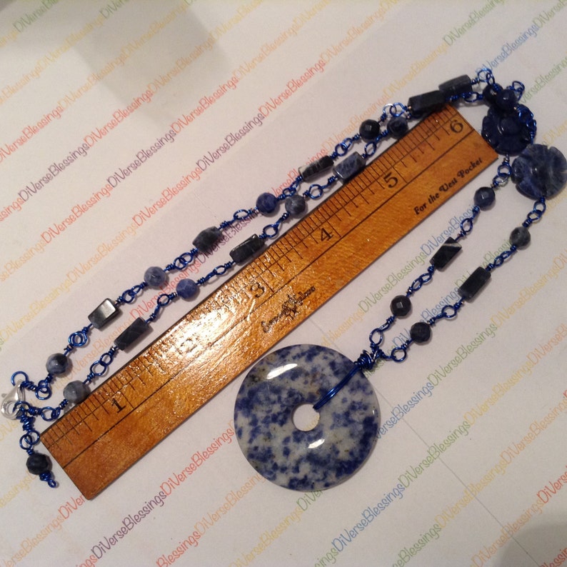SODALITE Donut Focal Lobster Clasp Semi Precious Genuine Gemstone 23 Inch Wire Wrapped Silver Plated Copper Wire Navy Blue