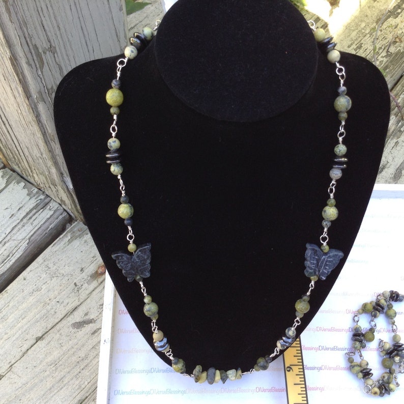 Wild Sunflower, Yellow Turquoise, Butter Jade, Hematite, Serpentine, Genuine Gemstone, Necklace, Beaded Chain image 1