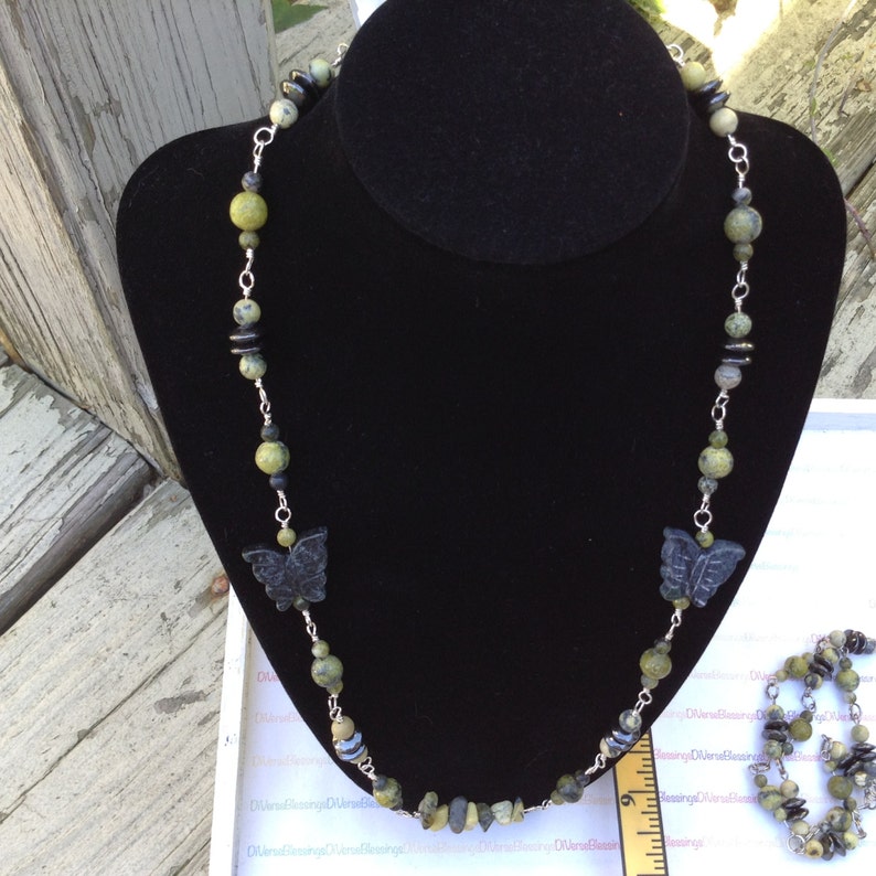 Serpentine Yellow Turquoise Wild Sunflower Beaded Chain Necklace Butter Jade Hematite Genuine Gemstone