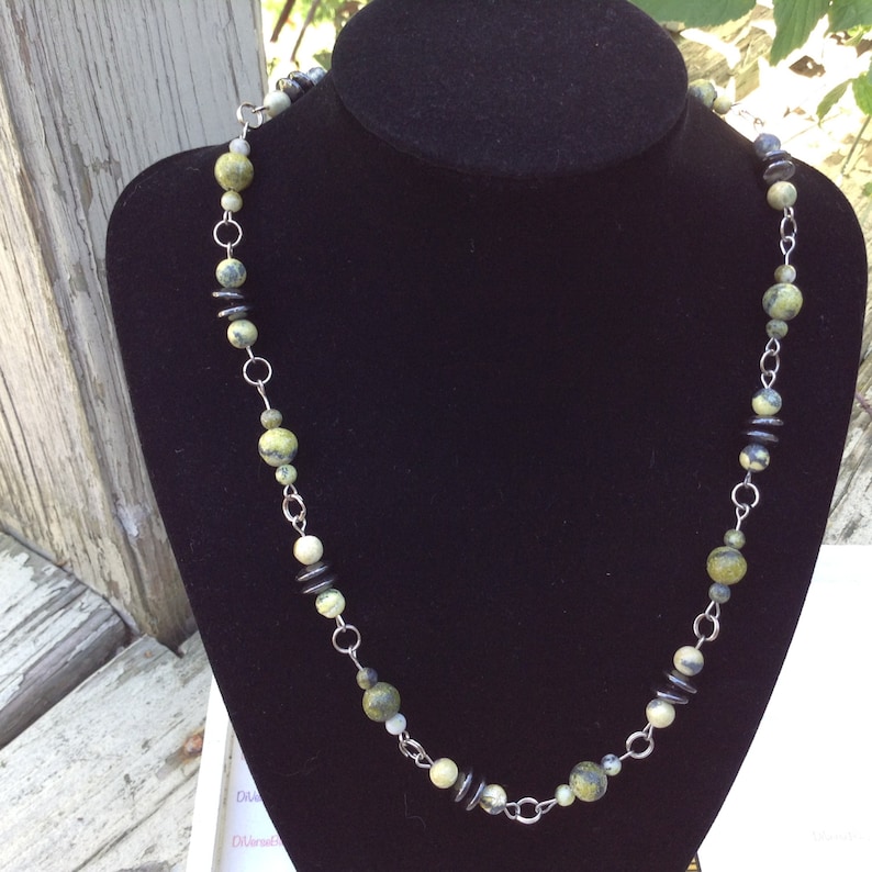 Serpentine Yellow Turquoise Wild Sunflower Beaded Chain Necklace Butter Jade Hematite Genuine Gemstone