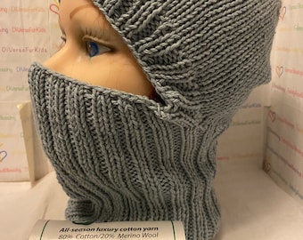 Balaclava, Cotton Wool Blend Yarn, GREYS, Hand Knitted, Face Cover, Easy Care, Ready to Ship