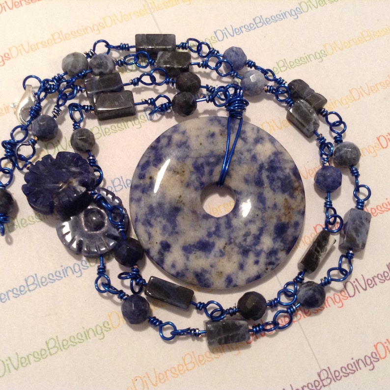 SODALITE Donut Focal Lobster Clasp Semi Precious Genuine Gemstone 23 Inch Wire Wrapped Silver Plated Copper Wire Navy Blue