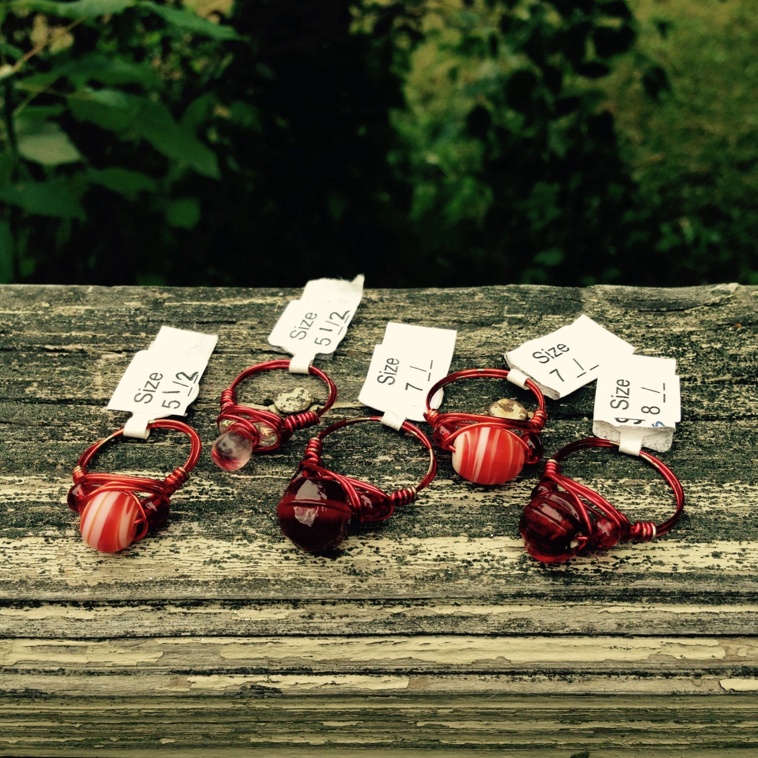 Glass Bead Wire Wrapped Ring Red White Clear Silver Etsy