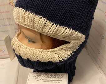 Balaclava, Cotton Wool Blend Yarn, BLUES, Hand Knitted, Face Cover, Easy Care, Ready to Ship