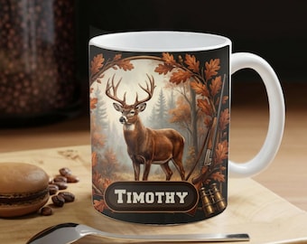 Personalized Whitetail Deer Mug With Name: Nature Lover Hunting Coffee Cup Gift, Wildlife Hunter Gift, Men, Womens Hunting Season Mug
