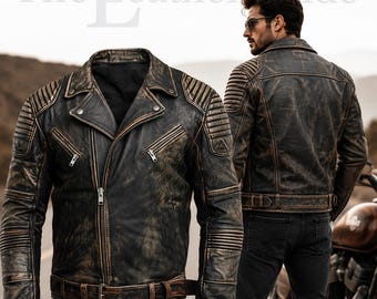 Men’s Vintage Brando Distressed Black Leather Biker Jacket - Slim Fit café Racer Jacket