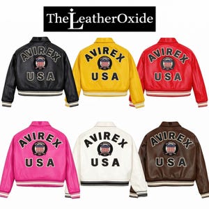 May include: A collection of six leather bomber jackets in various colors: black, yellow, red, pink, white, and brown. Each jacket features the "AVIREX USA" logo on the back and the "The LeatherOxide" logo at the top.