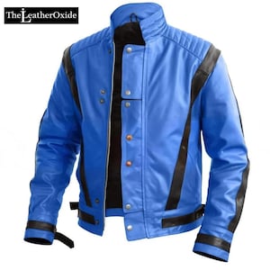 May include: A bright blue leather jacket with black detailing. The jacket has a stand-up collar, quilted shoulder panels, and a zip-up front. Black stripes are on the sleeves and sides. The LeatherOxide logo is in the top left corner.