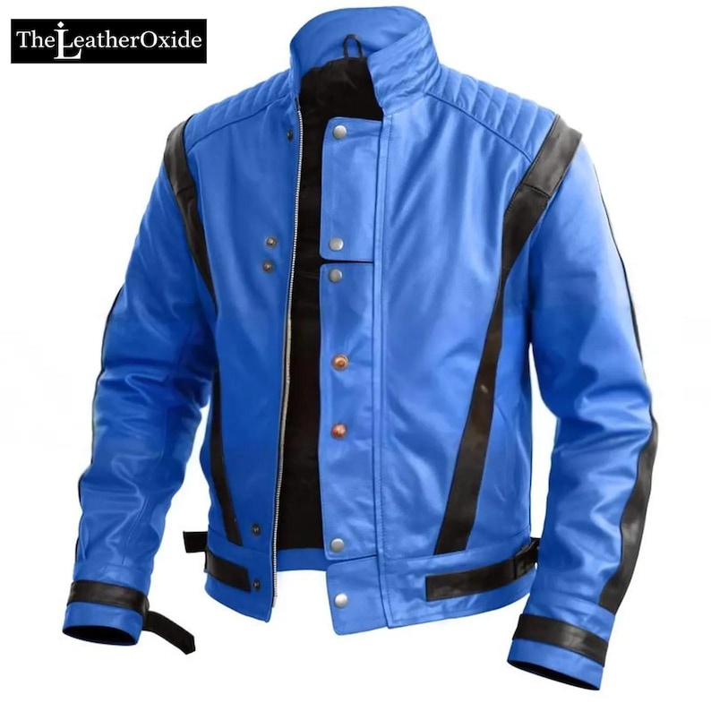 May include: A bright blue leather jacket with black detailing. The jacket has a stand-up collar, quilted shoulder panels, and a zip-up front. Black stripes are on the sleeves and sides. The LeatherOxide logo is in the top left corner.
