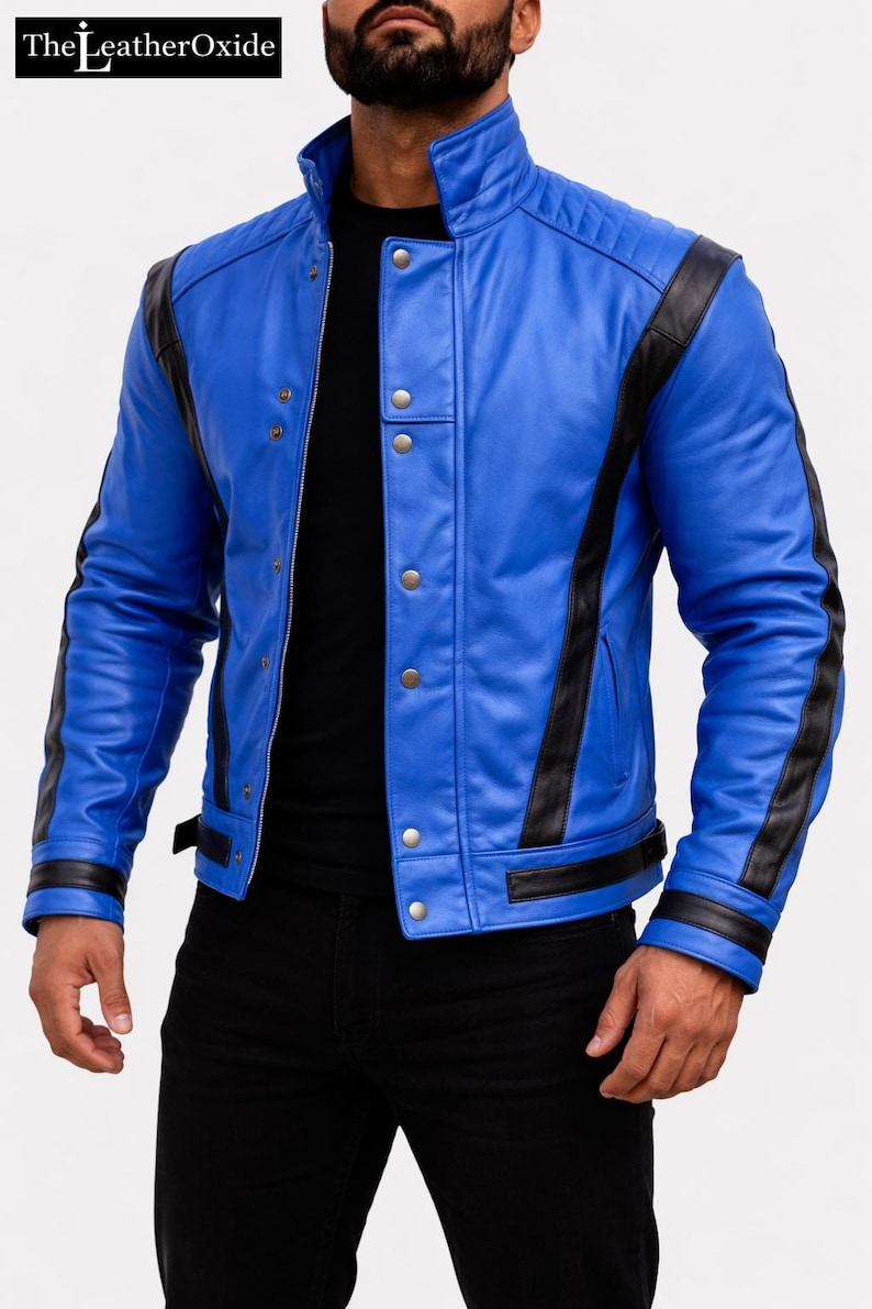May include: A striking blue leather jacket with black detailing. The jacket has a stand-up collar, press stud fastenings, and black stripes on the sleeves and sides. The LeatherOxide logo is visible in the top left corner.