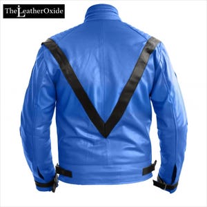 May include: A vibrant blue leather jacket with black detailing. The jacket has a stand-up collar, long sleeves, and a black V-shaped design on the back. The LeatherOxide logo is visible in the top left corner.