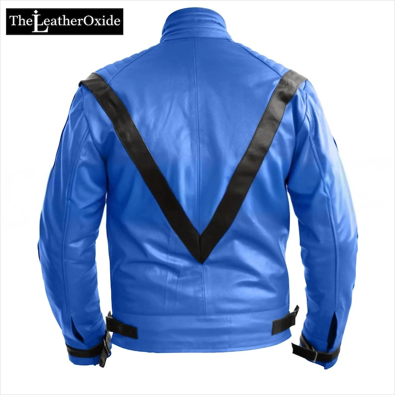 May include: A vibrant blue leather jacket with black detailing. The jacket has a stand-up collar, long sleeves, and a black V-shaped design on the back. The LeatherOxide logo is visible in the top left corner.