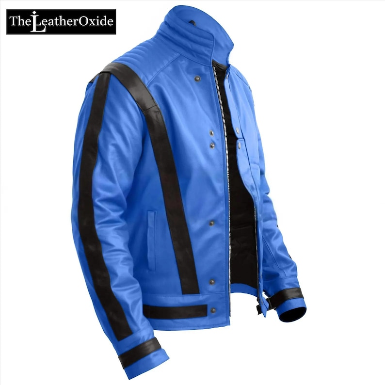 May include: A bright blue leather jacket featuring black stripes on the sleeves and shoulders. The jacket has a high collar, a zip closure, and snap details. The LeatherOxide logo is in the top left corner.
