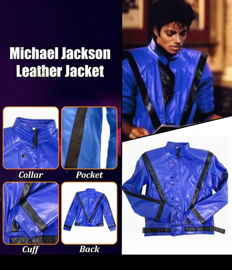 May include: A vibrant blue leather jacket with black detailing, showcasing a stand-up collar and a distinctive V-shaped design. The image provides close-ups of the collar, pocket, cuff, and back. Text reads "Michael Jackson Leather Jacket."